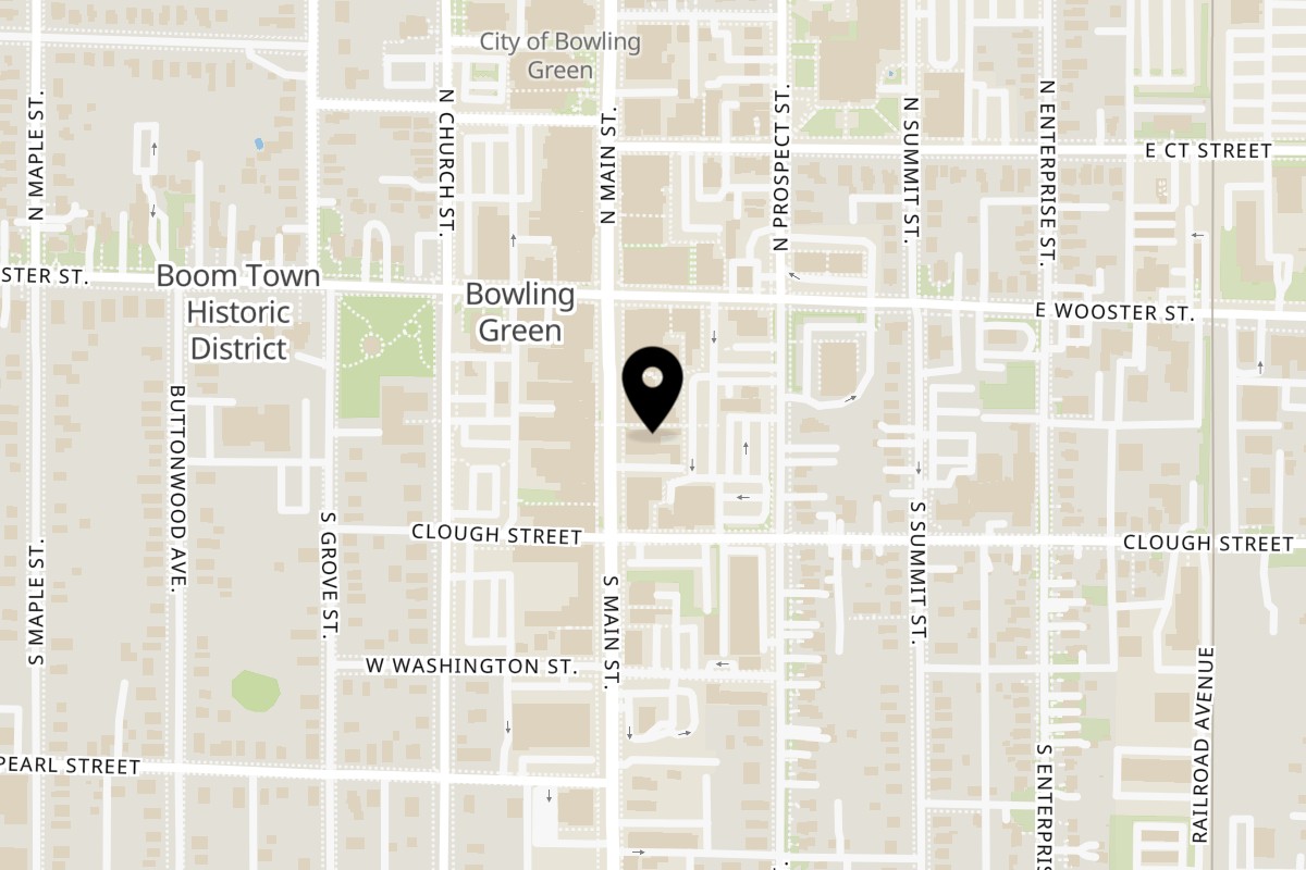 Map showing the location of The Barrel Room at Beckett’s on 163 South Main Street in Bowling Green